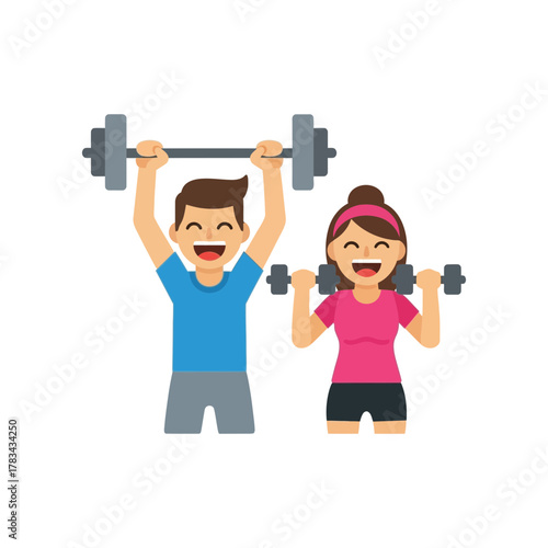 Man and woman lifting weights smiling exercising fitness training workout together.