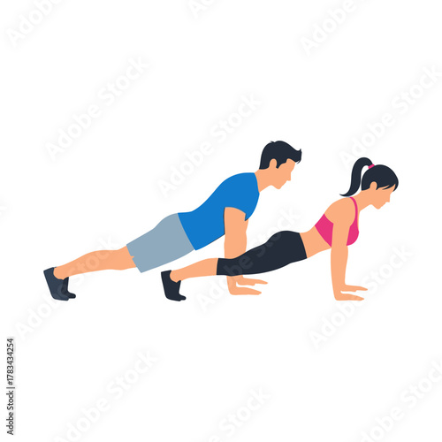Man and woman doing pushups together in a fitness exercise pose.