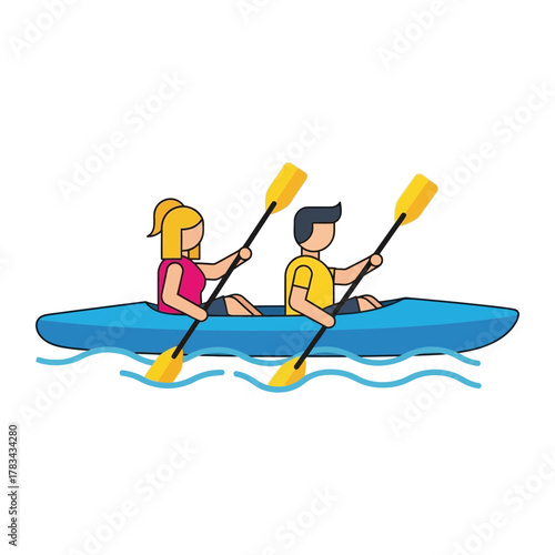 Two people in a blue kayak paddling with yellow paddles illustration.