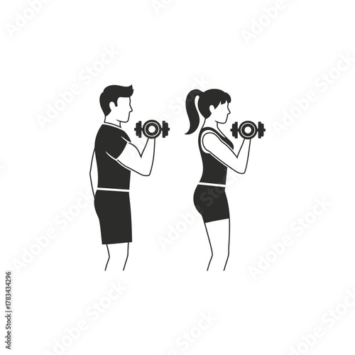 Man and woman doing bicep curls with dumbbells fitness exercise workout.