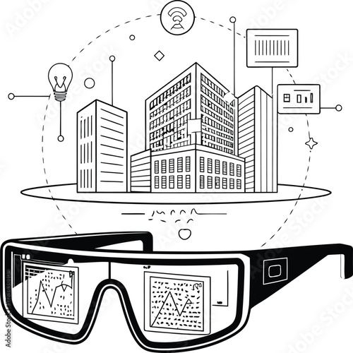 Augmented reality glasses displaying data over a cityscape with icons and line art elements above