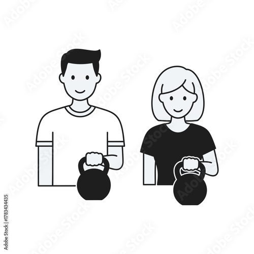 Man and woman with kettlebells fitness workout exercise training vector illustration.