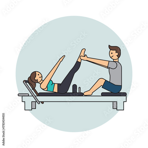 Woman exercising on pilates reformer machine with instructor assisting her leg stretch.