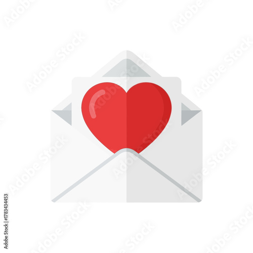 An open envelope contains a red heart shape representing love and affection.