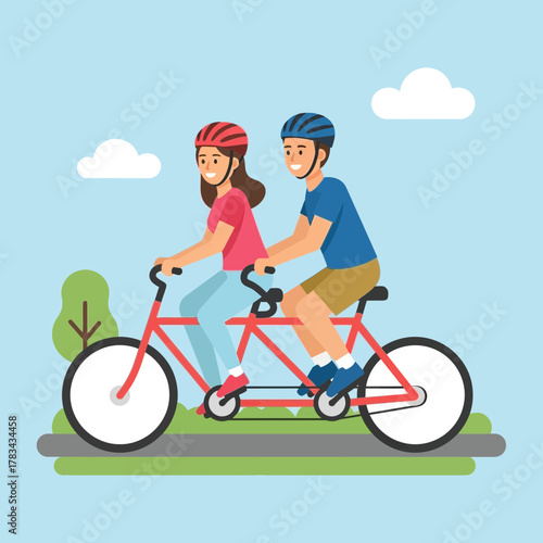 Two people ride a tandem bicycle wearing helmets enjoying outdoor activity together.
