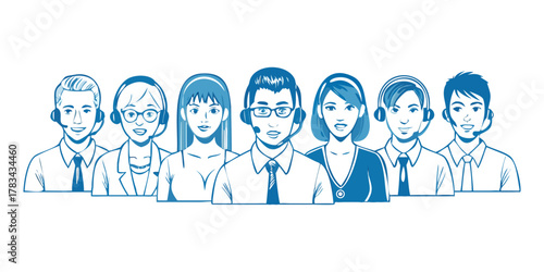 Customer service, call center concept. Online technical support, Hotline operators, virtual assistants, office workers with headsets. Multiethnic, diverse team. Modern vector outline illustrations.
