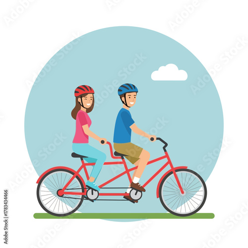 Couple riding a red tandem bicycle wearing helmets illustration.