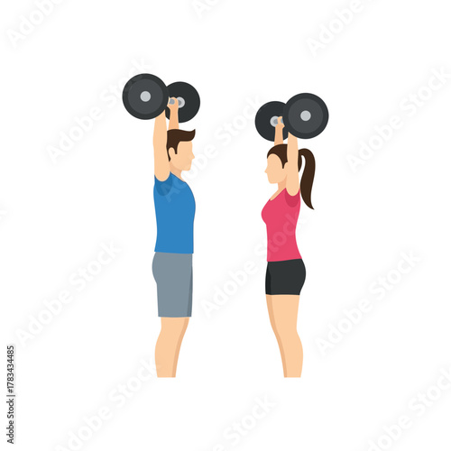 Man and woman lifting dumbbells above their heads exercising fitness workout.