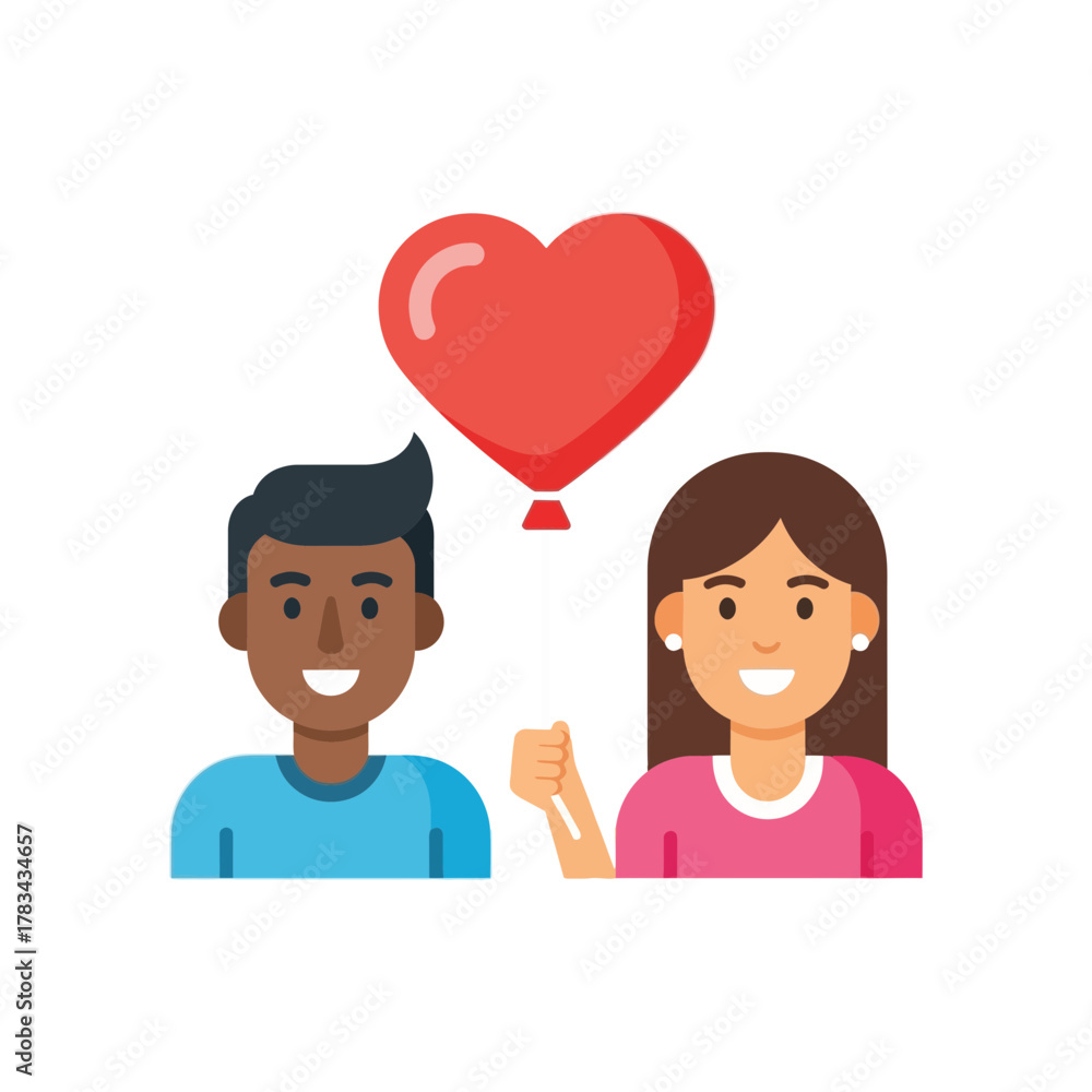 Fototapeta premium Two cartoon people smile with a red heart balloon above them.