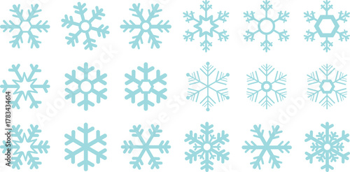Snow Flake icon set. Minimalist winter symbols. Abstract geometric vector graphic element for New Year design. Crayon hand drawn snow flake collection. Isolated linear snow flake pictogram collection.