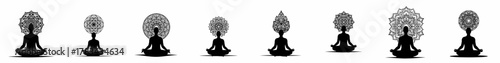 Collection of meditating silhouettes in Lotus Pose, featuring diverse ornamental mandala and chakra designs above the head, black and white vector set.