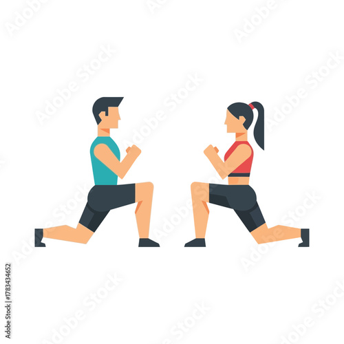 Two people are performing lunges fitness exercise facing each other symmetrically.