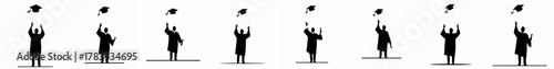 Graduation celebration silhouette strip showing students throwing academic caps and diplomas in the air against a white background.