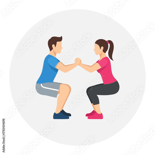 Man and woman doing squats holding hands fitness exercise teamwork illustration.