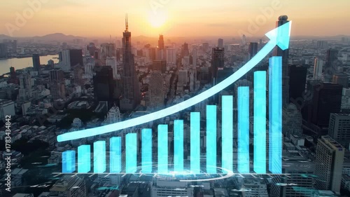 Rising financial chart over cityscape at sunset, conveying business growth and success