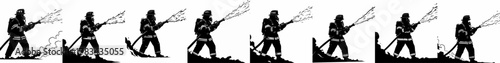 Firefighter Silhouette Vector Set: Professional Emergency Responder Spraying Water with Hose and SCBA Gear