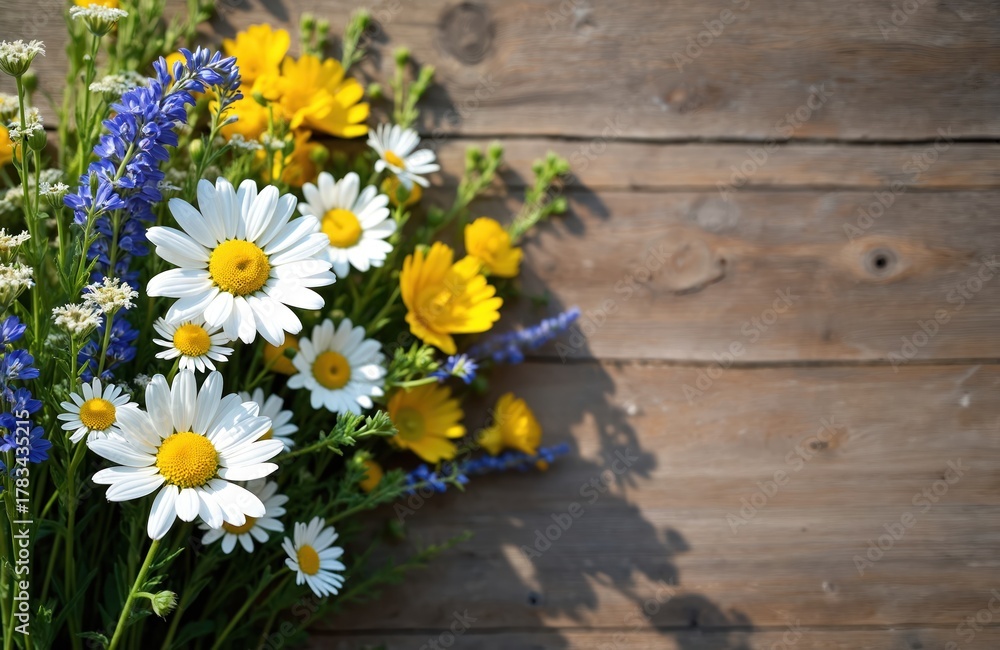 Fototapeta premium Wildflower bouquet with daisies, yellow blooms rests on aged wooden planks. Fresh summer nature collection, natural rustic arrangement, outdoor herbal beauty. Organic countryside flora for decoration