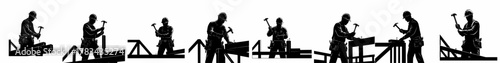 Collection of Black Silhouettes of Construction Workers or Carpenters Hammering Nails into Wooden Frames and Trusses, Representing Building and Labor.