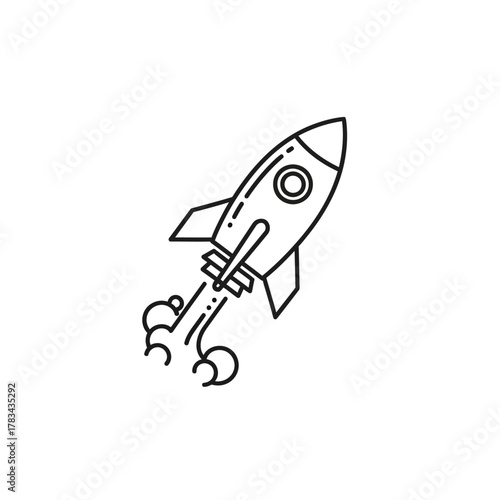 Simple Line Art Rocket Ship Launching Upwards with Smoke Trails.