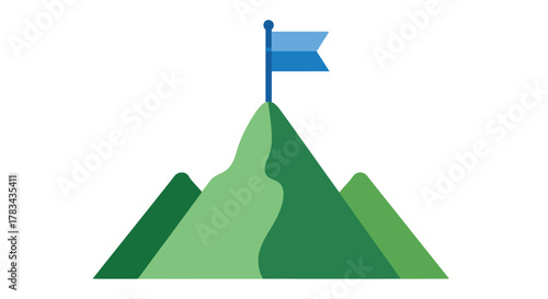 Green mountain peak with a waving flag a bold graphic silhouette