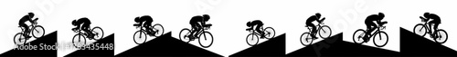Dynamic Row of Cycling Silhouettes Conquering Steep Ascents and Descents, Representing Road Racing and Athletic Movement.