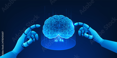 AI robotic hand creating a digital brain, symbolizing the development of artificial intelligence, machine learning evolution, and the rise of intelligent robotics in future technology