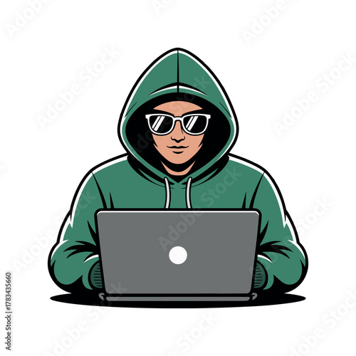 A person wearing a hoodie and sunglasses is shown working on a laptop computer.