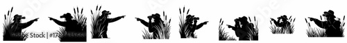 Black Silhouettes of Birdwatchers or Hunters Hiding in Cattails, Observing and Pointing, Vector Collection for Outdoor and Wildlife Themes.