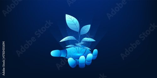 AI robotic hand holding a green tree, symbolizing artificial intelligence integration with renewable energy, sustainability, and eco-friendly technology for a better future