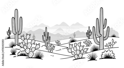 A black and white line art illustration of a desert landscape featuring saguaro and prickly pear cacti, desert plants, and distant mountains.