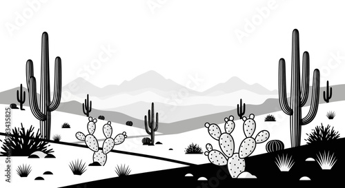Minimalist black and white desert landscape illustration featuring saguaro and prickly pear cacti, barren terrain, and distant mountains under a clear sky.