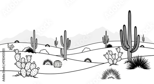 Black and white vector illustration of a desert landscape featuring various cacti including tall saguaro and prickly pear plants with distant mountains under a clear sky.
