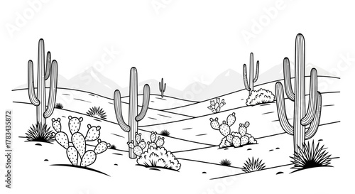 Detailed line art illustration of a serene desert landscape with saguaro and prickly pear cacti, rolling hills, and distant mountains under open sky.