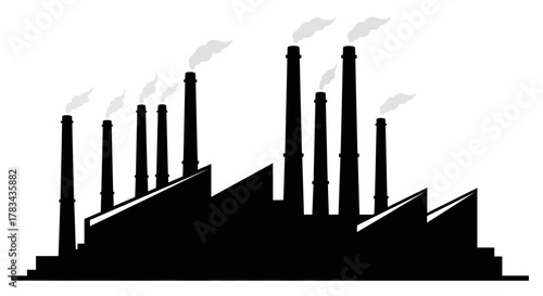 Industrial factory silhouette with smoking chimneys on white, depicting manufacturing, energy production, air pollution, global warming, and environmental concerns.