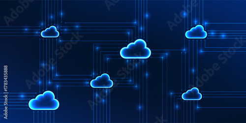 Cloud technology background with connected data networks, symbolizing cloud computing, online data storage, and information sharing through internet systems