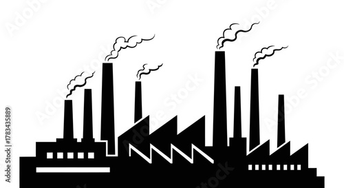 Industrial factory silhouette with smoking chimneys on a white background, symbolizing manufacturing, energy production, and environmental impact concept.