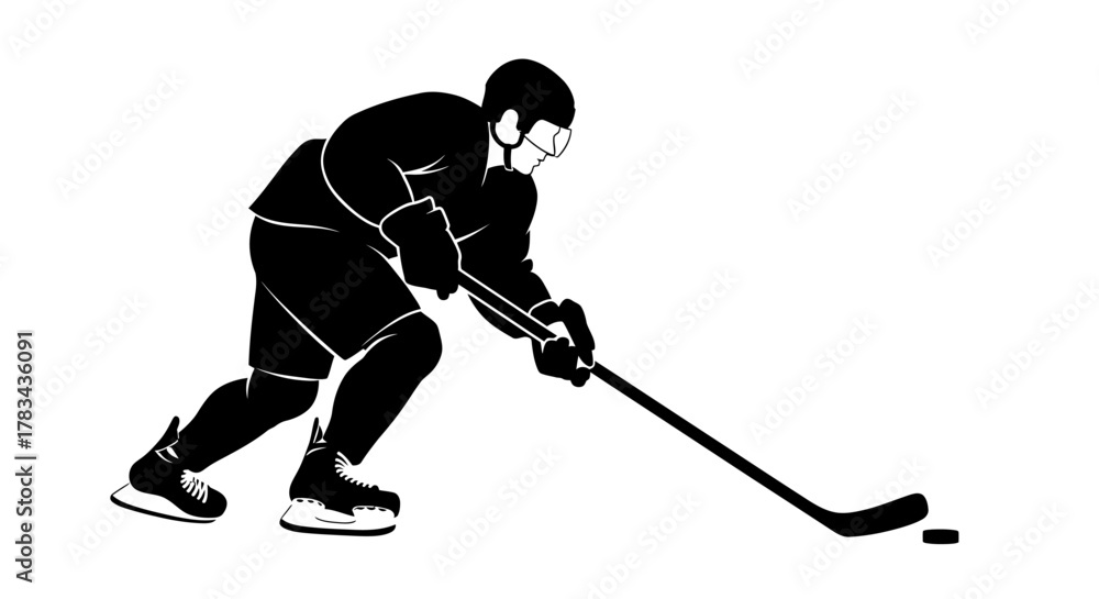 Fototapeta premium Ice hockey player silhouette illustration with a stick and puck, showcasing a dynamic winter sport activity on a clean white background.