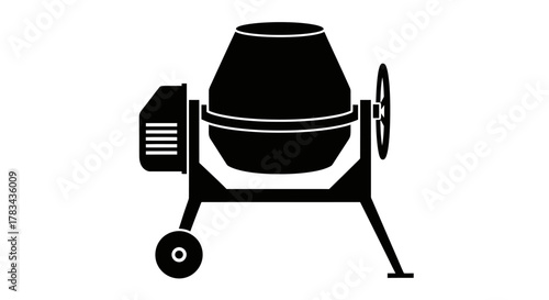A simple, strong, and highly visible black silhouette icon representing a portable cement mixer or concrete mixer for construction and building projects.
