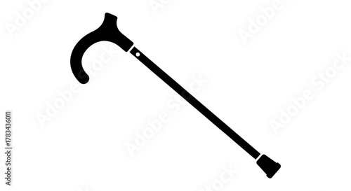Black silhouette icon of a walking cane, a crucial mobility aid for the elderly and disabled, symbolizing support, independence, and daily assistance.
