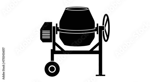 Concrete mixer machine icon silhouette, essential heavy construction equipment for mixing cement, sand, gravel, and water on building sites. flat vector.