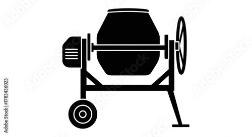 Cement mixer icon, construction equipment silhouette, portable concrete mixing machine illustration for building industry, home renovation projects and diy work