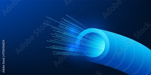 Fiber technology background with glowing light lines inside data transmission tubes, symbolizing high-speed data transfer, digital connectivity, and cyber communication systems