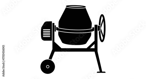Concrete mixer machine black silhouette vector icon for construction industry and building works, isolated on white background with wheels and lever