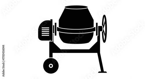 Black silhouette icon of a cement mixer, a vital construction machine for mixing concrete, mortar, building materials for industrial and home projects.
