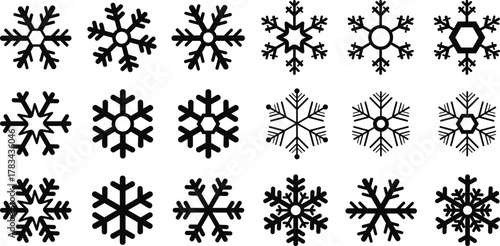 Snow Flake icon set. Minimalist winter symbols. Abstract geometric vector graphic element for New Year design. Crayon hand drawn snow flake collection. Isolated linear snow flake pictogram collection.
