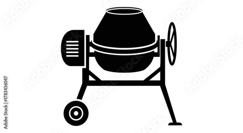 Black silhouette of a portable cement mixer with a rotating drum and wheels, used for mixing concrete and mortar on construction sites and building projects, a heavy-duty industrial tool.