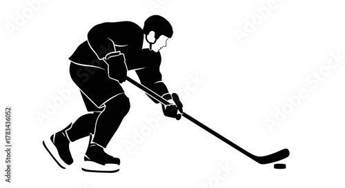 Ice hockey player silhouette with stick and puck in dynamic action pose, representing winter sports, competition, and athletic prowess on ice.