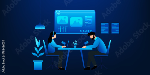 Podcast host speaking into a microphone while live streaming, symbolizing modern digital broadcasting, online communication, and creative content production in the era of social technology