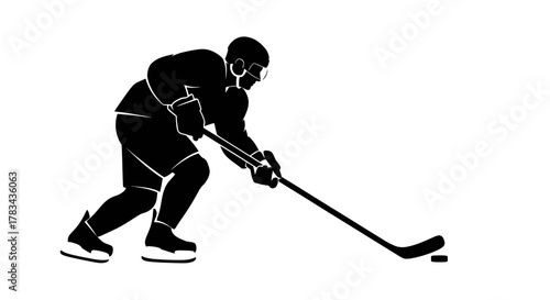 Ice hockey player silhouette with puck and stick, ready for action. dynamic sports graphic of winter game athlete on ice rink, aggressive stance.