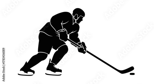 Ice hockey player silhouette with stick and puck, dynamic black and white vector illustration for winter sports, games, and athletic activity concepts and design